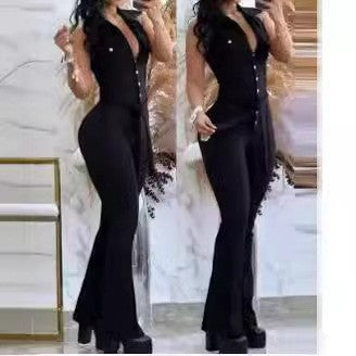 Damen Eleganter einfarbiger Overall mit tailliertem Schnitt und breiten Beinen EB