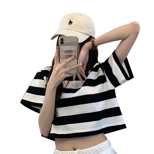 Damen Cropped T-Shirt mit Streifenmuster und lässigem Schnitt EB