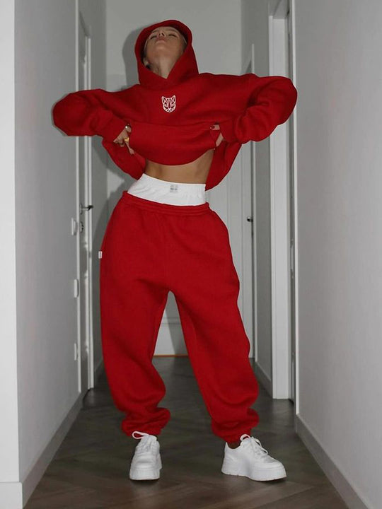 Damen Cropped Kapuzenpullover und weite High-Waist Jogginghose Set EB