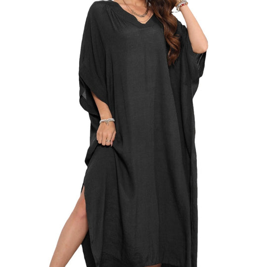 Damen luftiges Sommer-Kleid mit V-Ausschnitt und asymmetrischem Saum EB