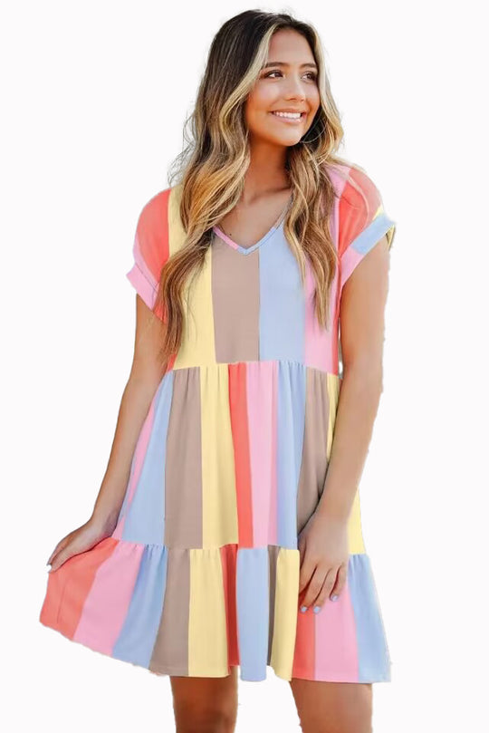 Damen lässiges Kurzarm Kleid mit buntem Streifenmuster EB