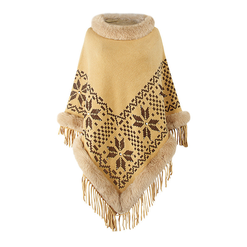 Damen eleganter Poncho mit dekorativem Fransen-Design und Kunstfellbesatz EB