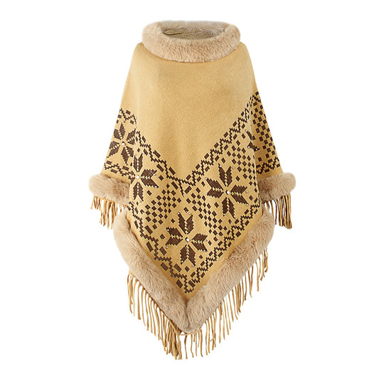 Damen eleganter Poncho mit dekorativem Fransen-Design und Kunstfellbesatz EB