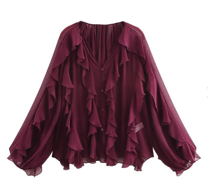 Damen nan feminine Chiffon-Volantbluse mit Ballonärmeln und V-Ausschnitt EB