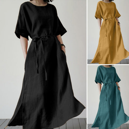 Damen Leinenmaxikleid mit weit geschnittenen Ärmeln und Taillengürtel EB