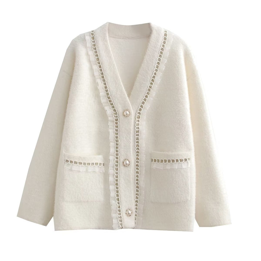 Damen modische Strickjacke mit dekorativen Rüschen und perlenverzierten Knopfdetails EB
