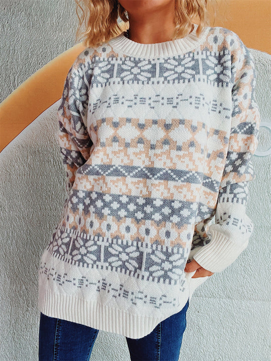 Damen gemütlicher Strickpullover mit winterlichem Muster und lässigem Schnitt EB