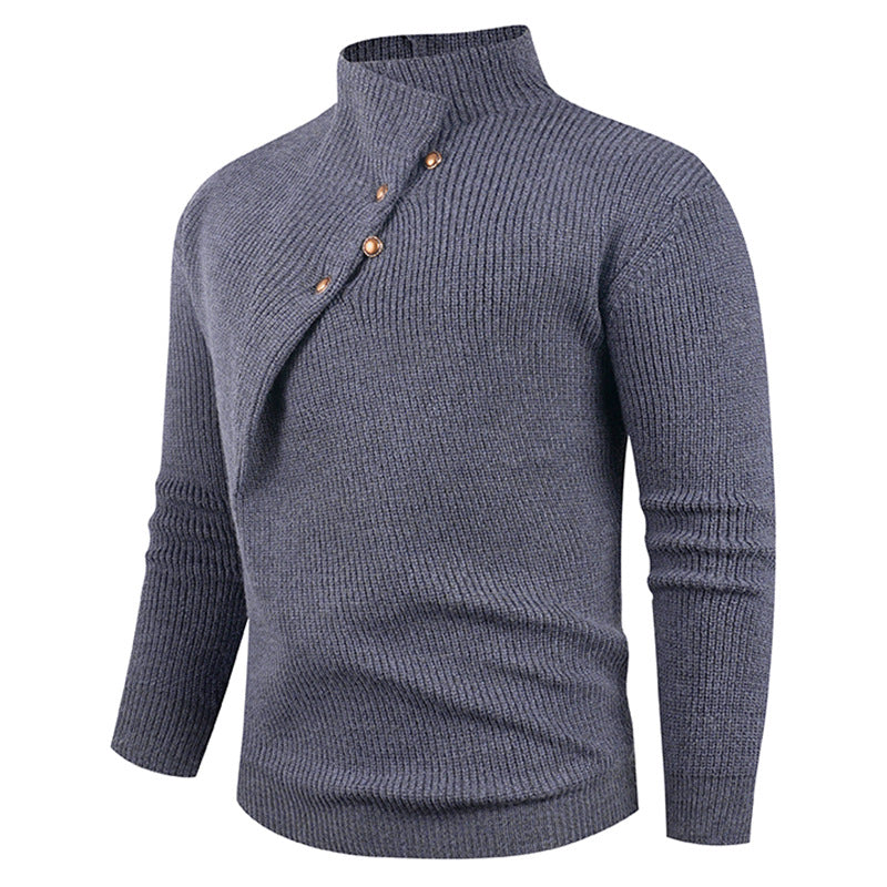 Herren Strickpullover mit asymmetrischem Kragen und dekorativen Holzknöpfen EB