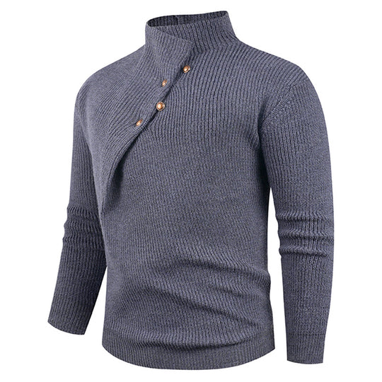 Herren Strickpullover mit asymmetrischem Kragen und dekorativen Holzknöpfen EB