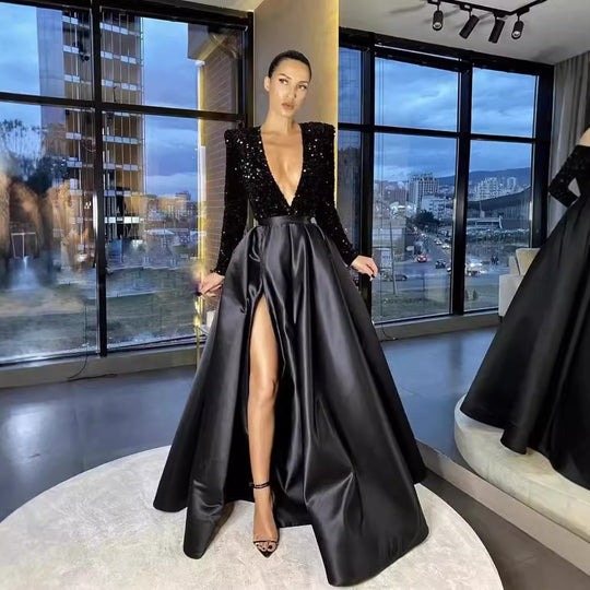 Damen Glamouröses Abendkleid mit tiefem V-Ausschnitt und hochgeschnittenem Rock EB