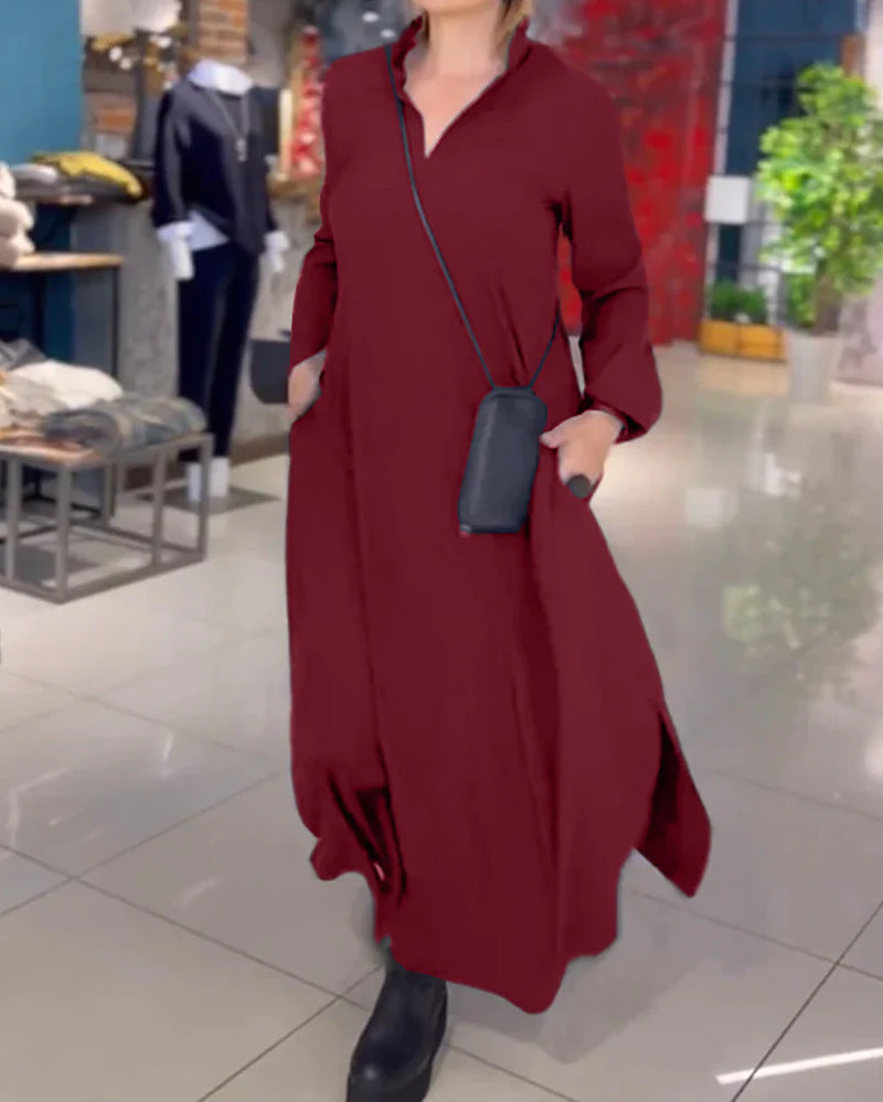 Damen Maxikleid mit praktischen Seitentaschen und modernem Hemdblusenkragen EB