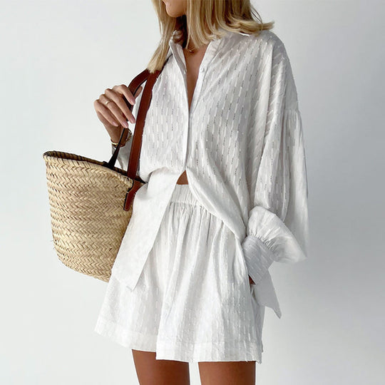 Damen lässiges Hemd-Shorts-Set mit elegantem Webmuster EB