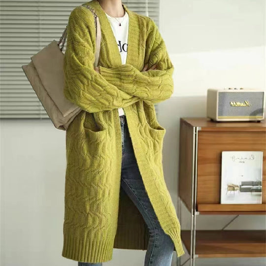 Damen Langer Strickcardigan mit voluminösen Ärmeln und praktischen Taschen EB