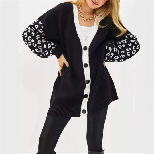 Damen Grobstrick Cardigan mit Leopardenmuster und Knopfdetaillierung EB