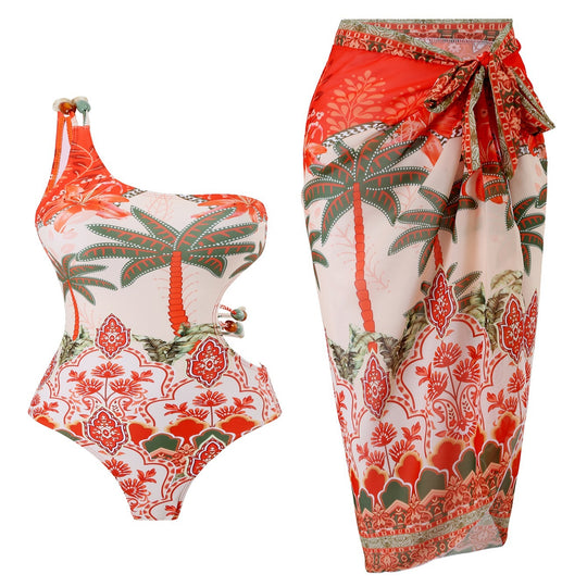Damen Einteiler Badeanzug mit modischem Cut-Out und passendem Strandrock EB