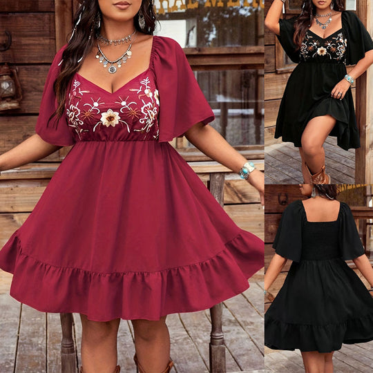 Damen bodenlanges Sommerkleid mit kunstvoller Stickerei und schwingendem Saum EB