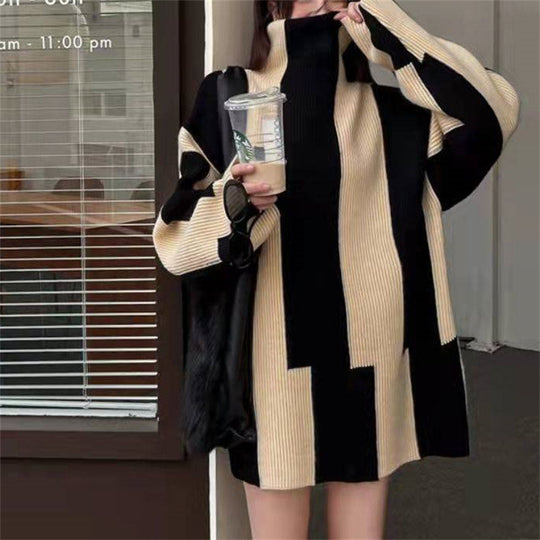 Damen Oversized Strickkleid mit hohem Kragen und grafischem Muster EB