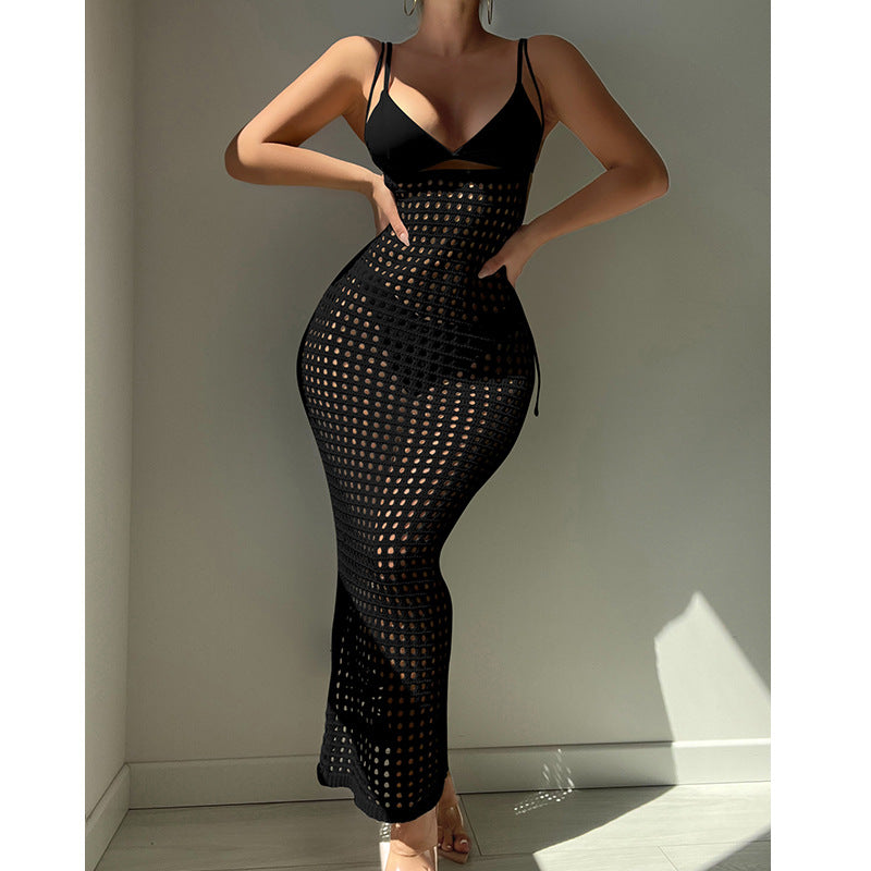 Damen figurbetontes Häkelkleid mit transparentem Design EB