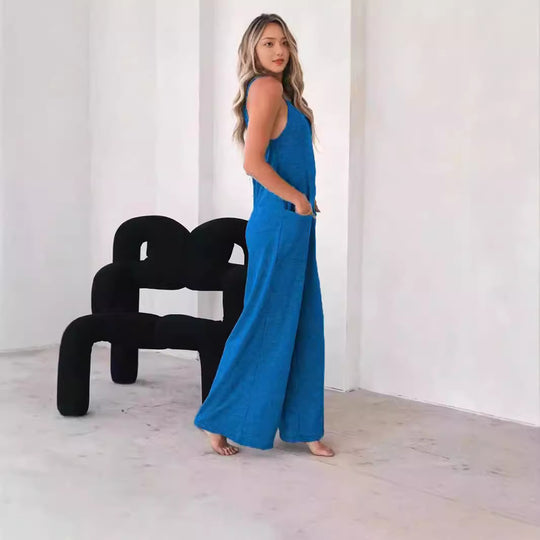 Damen Lässiger Jumpsuit mit weit geschnittenem Bein und praktischen Taschen EB