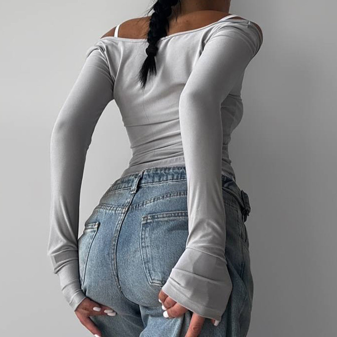 Damen nan tailliertes Longsleeve-Cropped-Top mit eckigem Ausschnitt und doppelten Spaghettiträgern EB