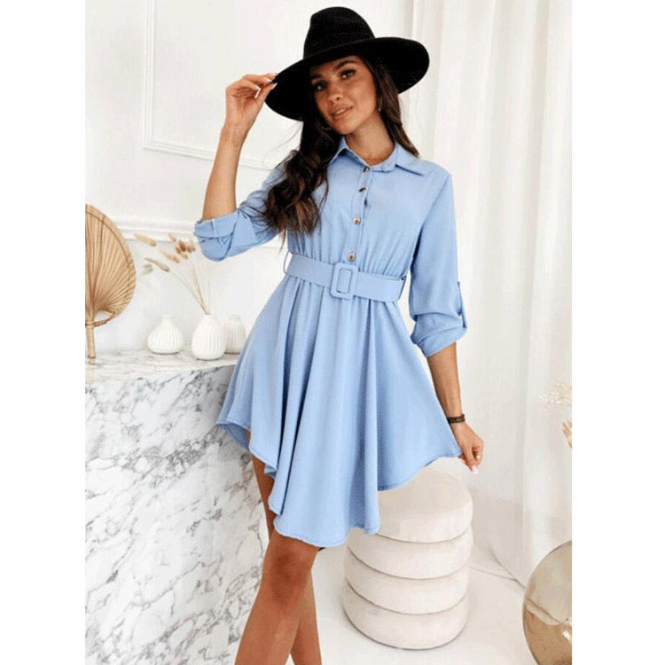 Damen Knielanges Hemdblusenkleid mit Taillengürtel und eleganten Details EB