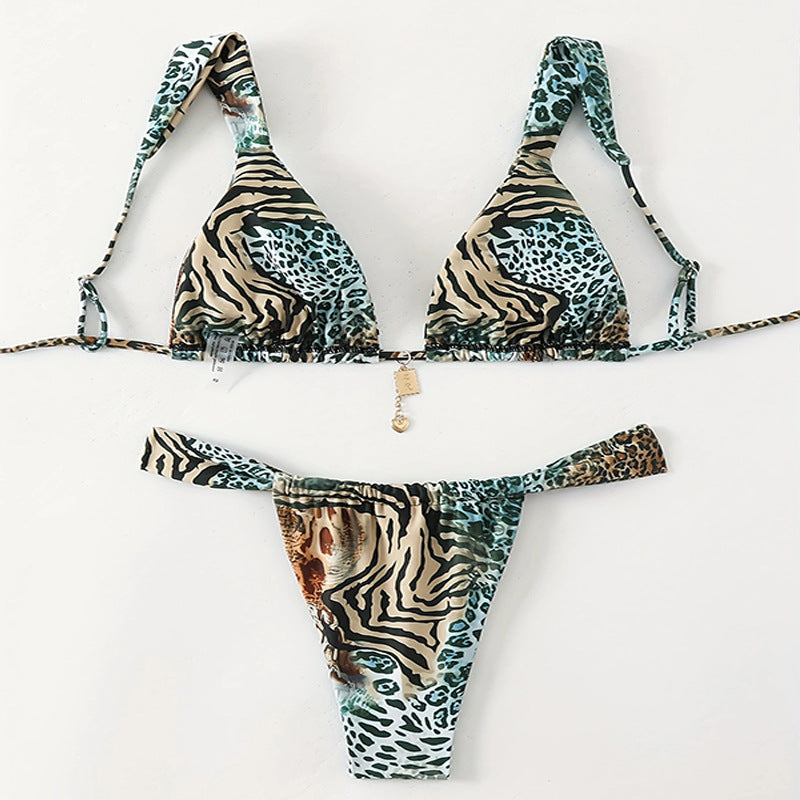 Damen Triangel-Bikini mit verstellbaren Trägern und modischem Leopardenmuster EB