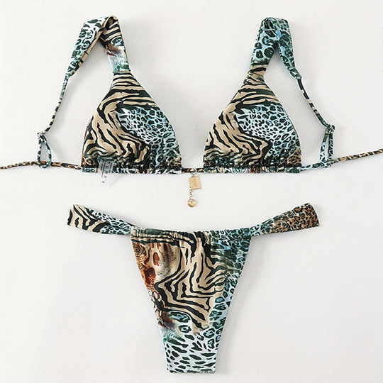 Damen Triangel-Bikini mit verstellbaren Trägern und modischem Leopardenmuster EB
