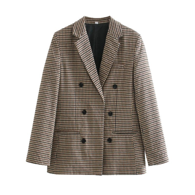 Damen kariertes Blazerjacke mit doppelter Knopfreihe und idealem Schnitt EB