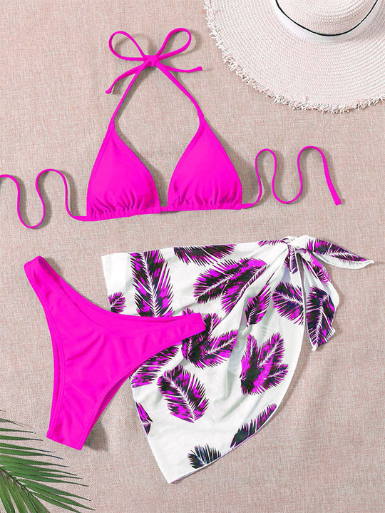 Damen Triangel-Bikini mit einem trendigen Blätter-Muster und einem lässigen Wickelrock EB