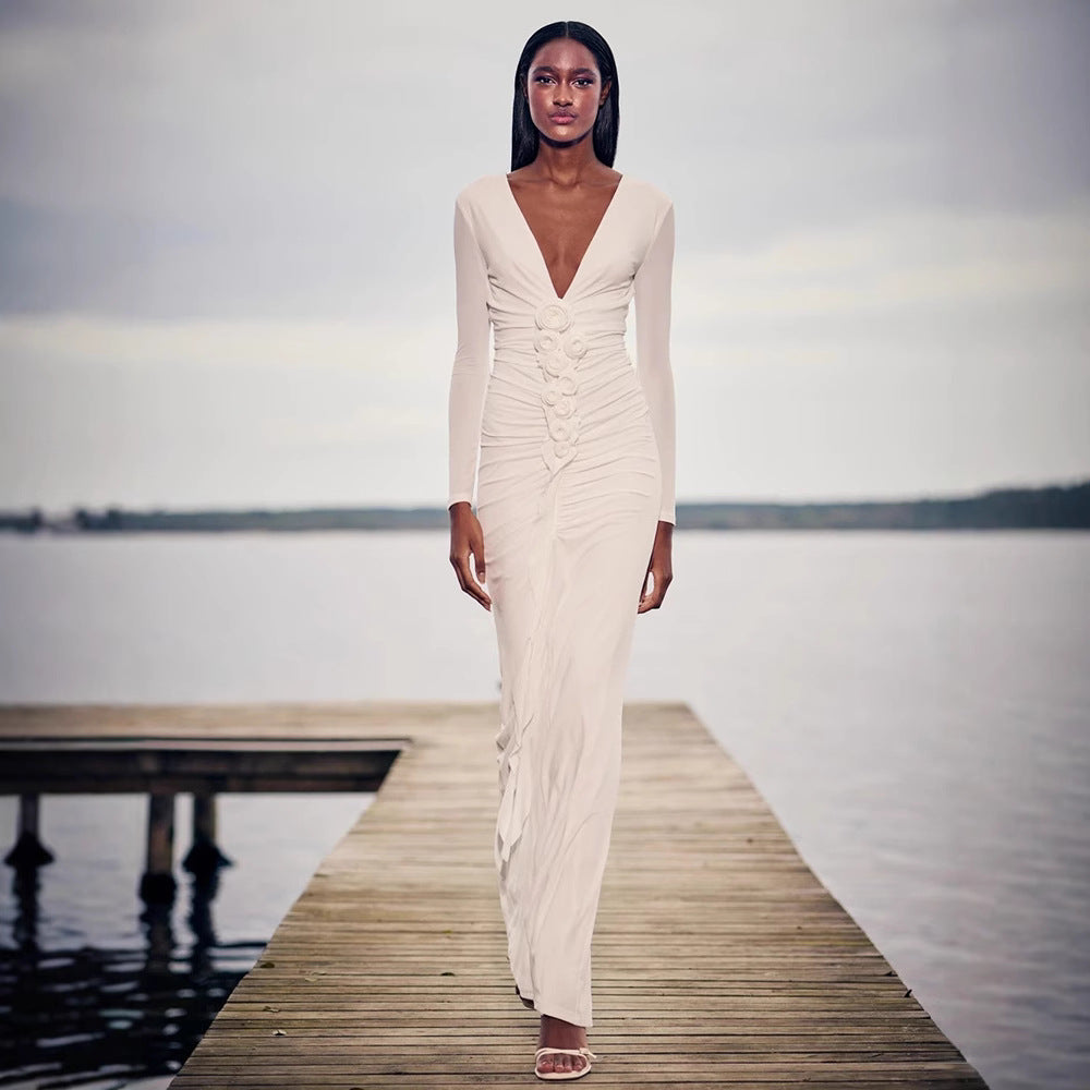 Damen Langärmliges Maxikleid mit figurschmeichelndem Drapé und floralen Applikationen EB