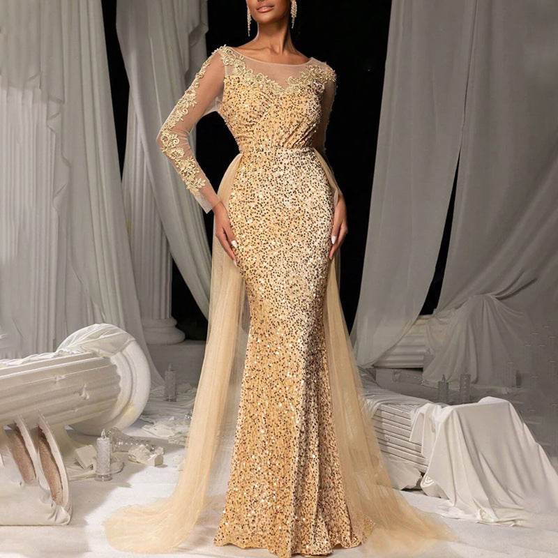 Damen Glamouröses Abendkleid mit schimmerndem Spitzenoberteil und fließendem Tüllumhang EB