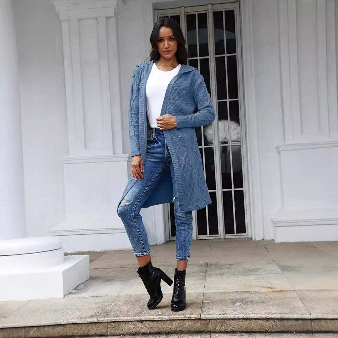 Damen Strickmantel mit Kapuze und dekorativem Zopfdesign EB