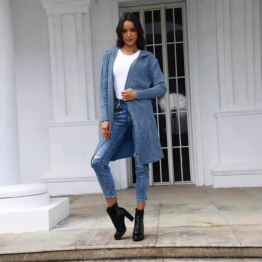 Damen Strickmantel mit Kapuze und dekorativem Zopfdesign EB
