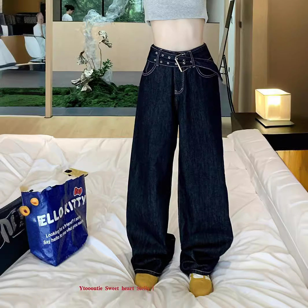 Damen Weite Jeans mit modischem Gürtel und einzigartigem Schnitt EB