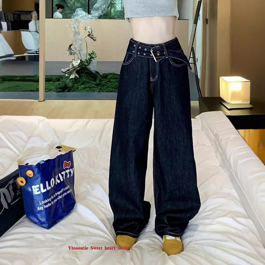 Damen Weite Jeans mit modischem Gürtel und einzigartigem Schnitt EB