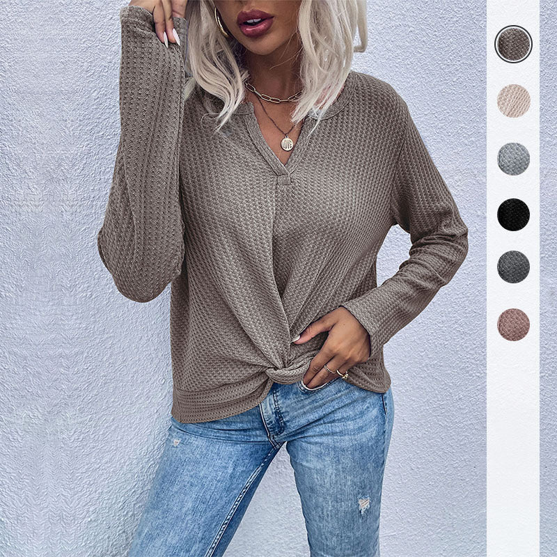 Damen lässiger V-Ausschnitt Pullover mit Knopfdetails und Knotendesign EB