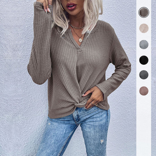Damen lässiger V-Ausschnitt Pullover mit Knopfdetails und Knotendesign EB