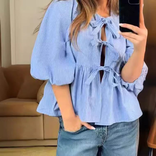 Damen Bluse mit raffinierten Schleifen und voluminösen Ärmeln Heidi-Mode