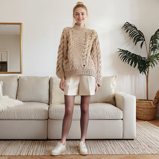 Damen Strickpullover mit voluminösen Ärmeln und strukturiertem Zopfmuster EB
