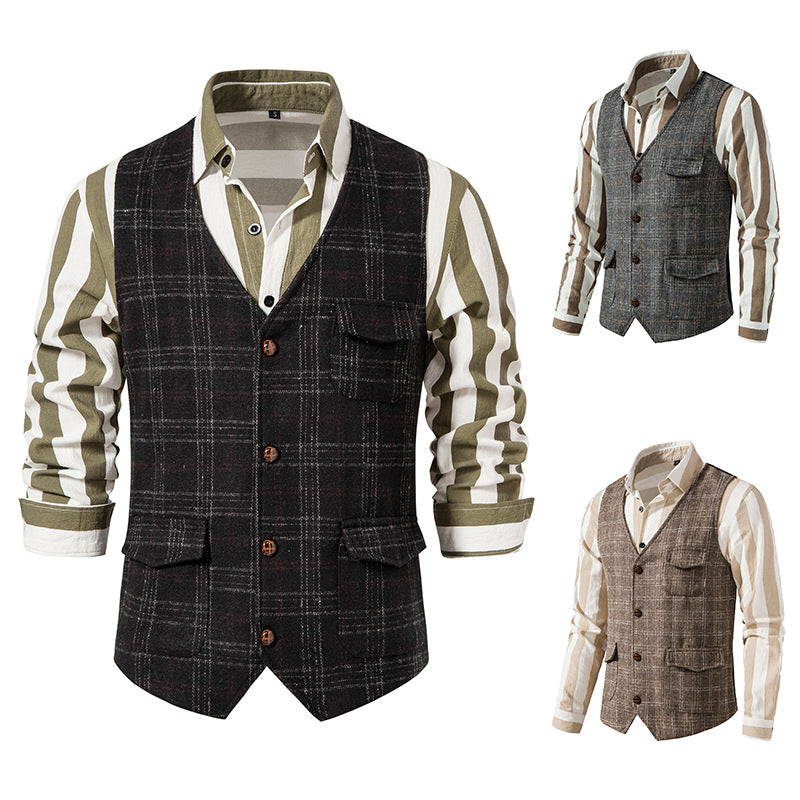Herren nan kariertes Wollmix Gilet mit Brusttasche und aufgesetzten Seitentaschen EB