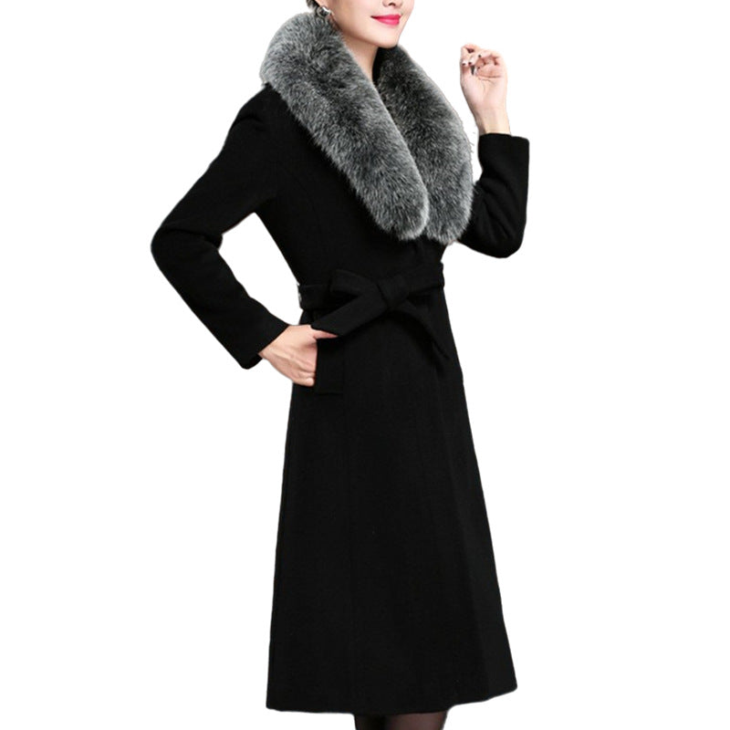 Damen elegante Wollmantel mit abnehmbarem Pelzkragen EB