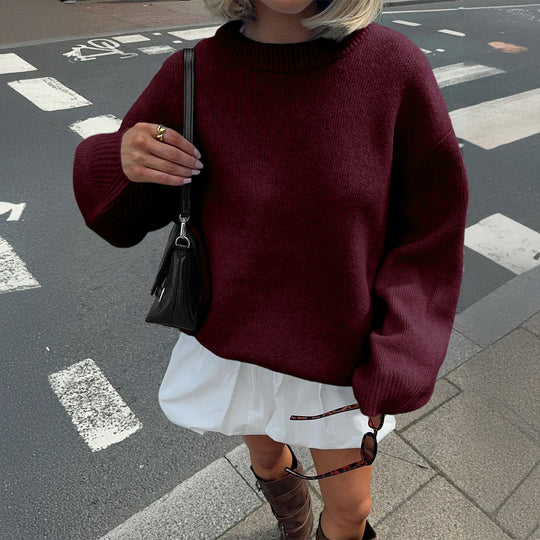 Damen nan Oversize-Feinstrickpullover mit Stehkragen, verlängerter Rückenpartie und Ballonärmeln EB