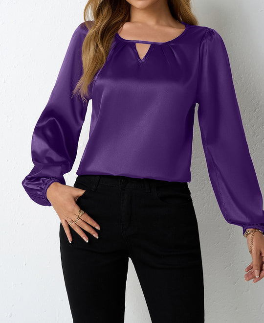 Damen elegante Satinbluse mit verspieltem Schlüsselausschnitt EB
