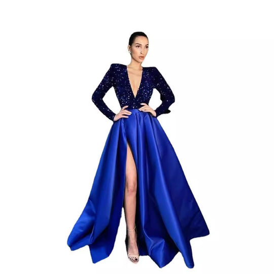 Damen Glamouröses Abendkleid mit tiefem V-Ausschnitt und hochgeschnittenem Rock EB
