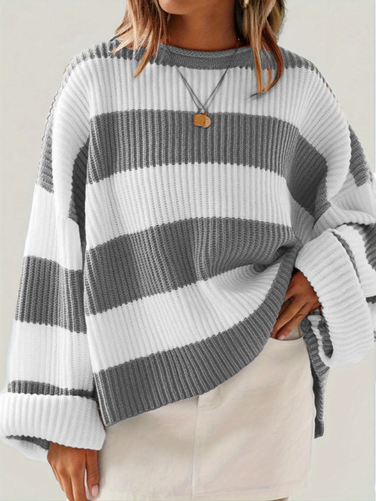 Damen gestreifter Strickpullover mit weitem Schnitt EB