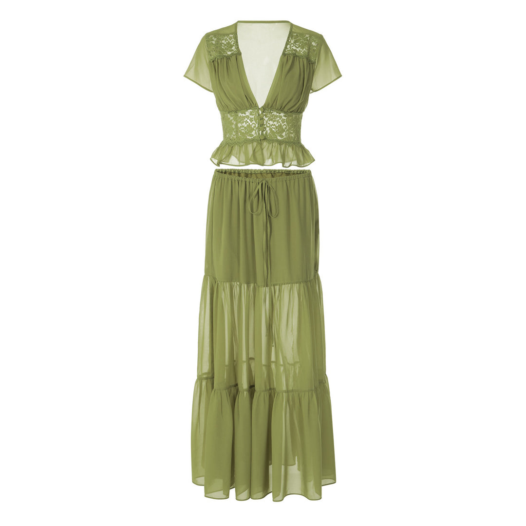 Damen Elegantes Maxikleid mit Spitzenoberteil und fließendem Saum EB