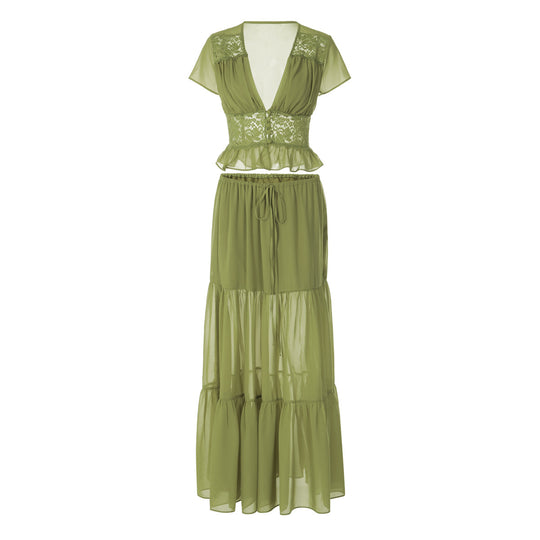 Damen Elegantes Maxikleid mit Spitzenoberteil und fließendem Saum EB