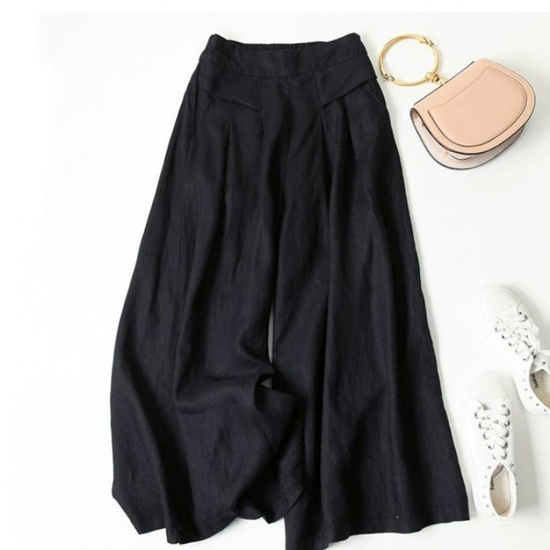 Damen Weit geschnittene Leinenhose mit hohem Bund und eleganten Falten EB