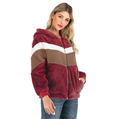 Damen Fleecejacke mit kontrastierenden Streifen und Kapuze EB