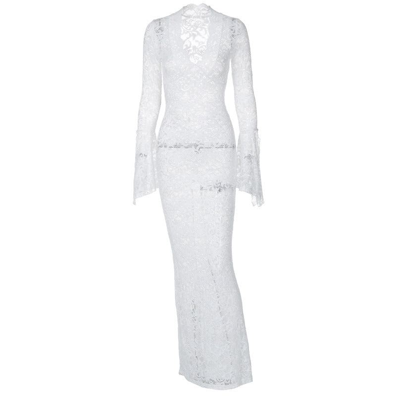 Damen Figurbetontes Spitzenkleid mit tiefem V-Ausschnitt und nostalgischen Puffärmeln EB
